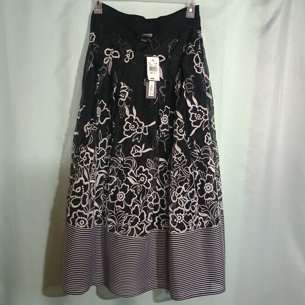 Black White Floral Embroidered Maxi Skirt Striped Border A-Line NWT